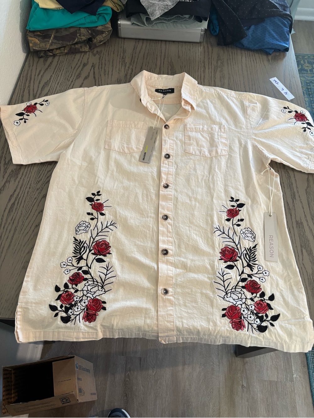 Reason Cream Short-Sleeve Button-Down Shirt with Red & Black Rose Embroidery